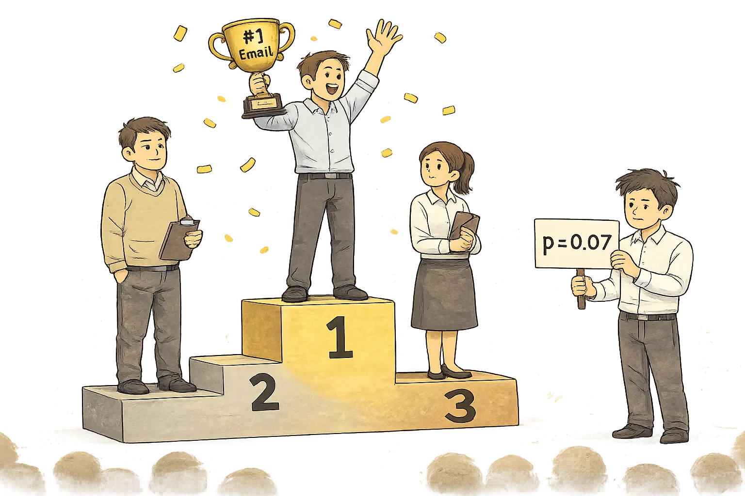 A winner celebrates on a podium with a trophy labeled #1 Email while a skeptic holds up a sign reading p = 0.07