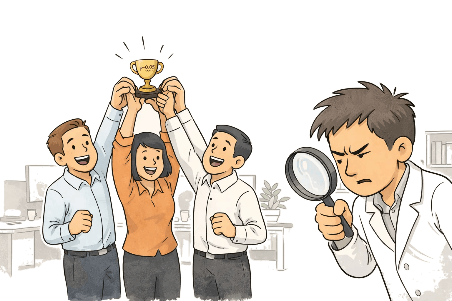 A team celebrates holding a trophy labeled p<0.05 while a scientist squints through a magnifying glass, questioning whether the result is big enough to matter