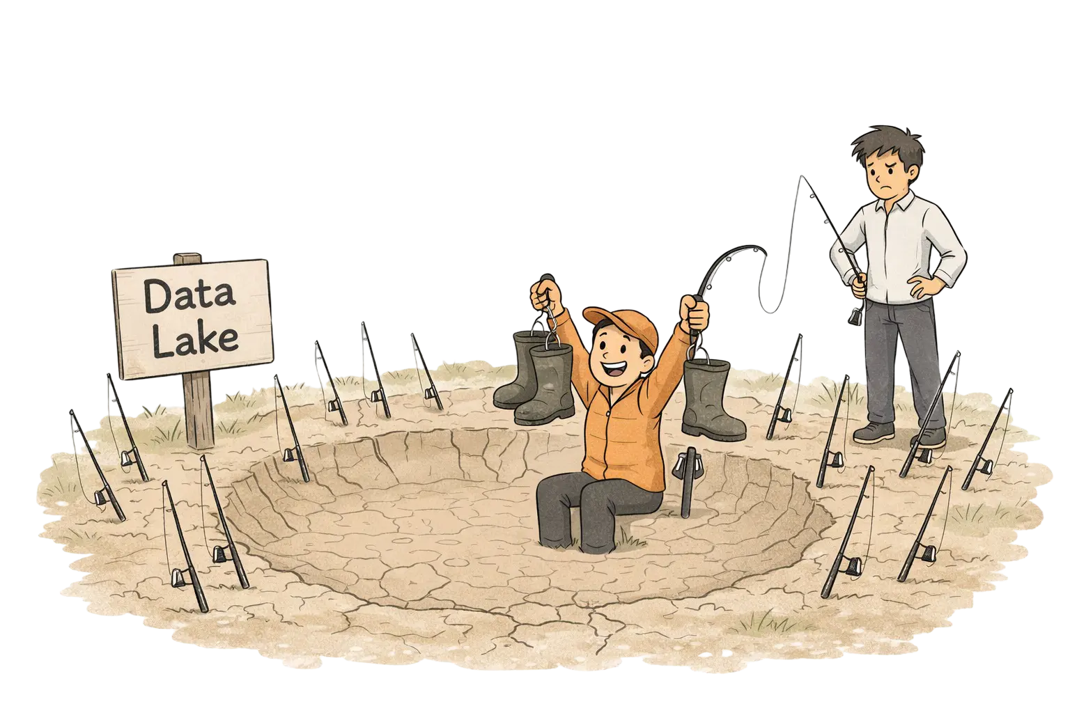 A person excitedly holds up a boot while sitting in a dried-up data lake surrounded by fishing rods, while a skeptical colleague watches