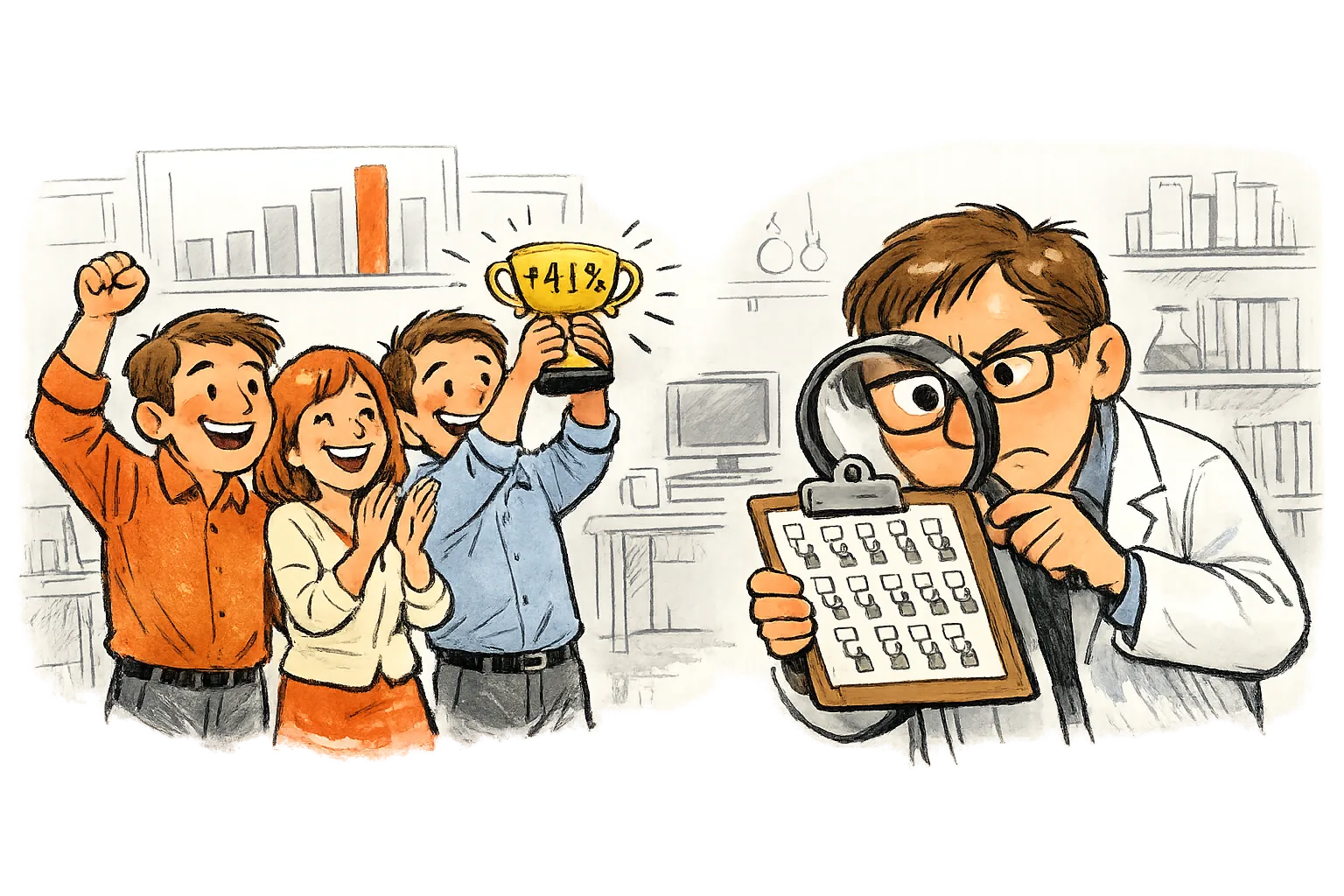 Three colleagues cheer and hold up a trophy labeled +41% in front of a chart with one tall orange bar, while a scientist on the right squints through a magnifying glass at a clipboard of tiny petition icons, looking unconvinced